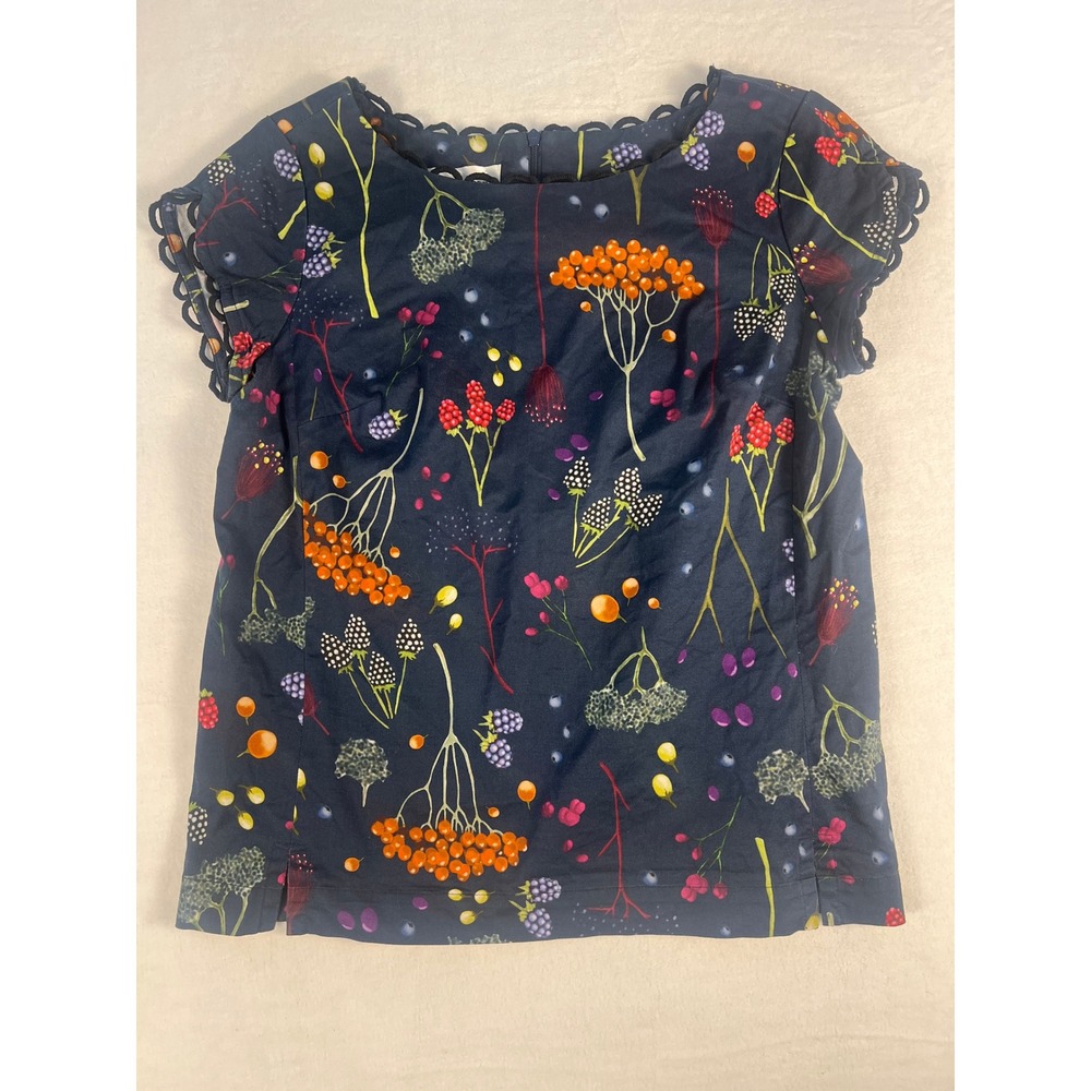 Sara Campbell Botanical Berry Blouse Wm 8 Navy Blue Fruit Print Cottage Boho